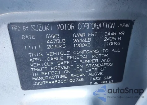 2012 Suzuki Kizashi Sport Sls z USA, uszkodzony, nr VIN JS2RF9A83C6100745